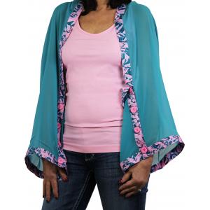 1036 - Origami Button Shawl/Capes Light Teal with Teal-Flamingo Trim - 