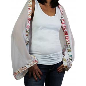 1036 - Origami Button Shawl/Capes White with Floral Print-White Trim - 