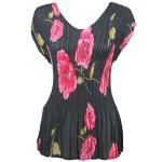 Georgette Mini Pleats - Cap Sleeve V-Neck - Black with Pink Roses