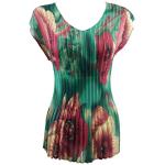 Georgette Mini Pleats - Cap Sleeve V-Neck - Poppies - Green