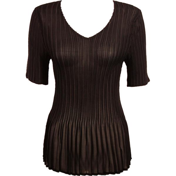 Wholesale 1117 - Georgette Mini Pleat Half Sleeve V-Neck Top Solid Dark Brown - One Size Fits Most