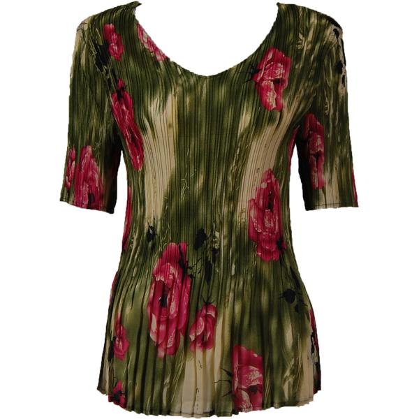 Wholesale 1117 - Georgette Mini Pleat Half Sleeve V-Neck Top Roses Olive-Pink - One Size Fits Most
