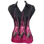 Georgette Mini Pleats - Cap Sleeve with Collar - Floral Border Black-Pink