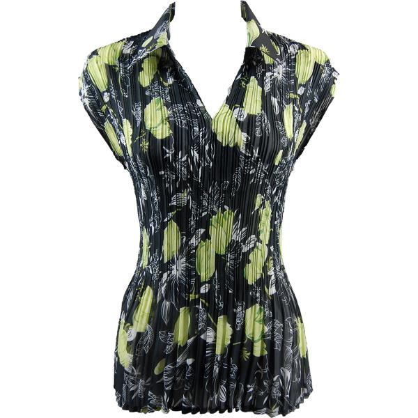 Wholesale 1121 - Georgette Collared Mini Pleats Cap Sleeve  Black-Kiwi Floral - One Size Fits (S-L)