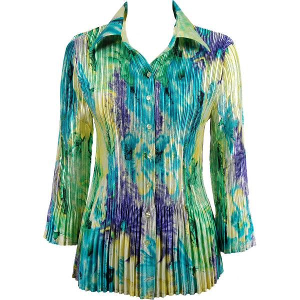 Wholesale 1519 - Satin Mini Pleat 3/4  Sleeve Dress Collar Blue-Purple-Yellow Watercolors Satin Mini Pleat - Blouse - One Size Fits Most