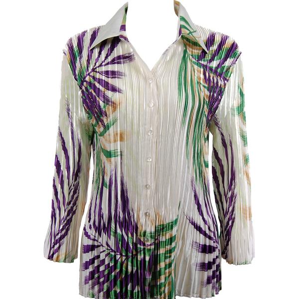 Wholesale 1519 - Satin Mini Pleat 3/4  Sleeve Dress Collar Palm Leaf Green-Purple Satin Mini Pleat - Blouse - One Size Fits Most