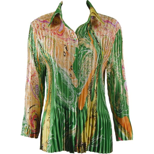 Wholesale 1149 - Satin Mini Pleats Half Sleeve with Collar Swirl Green-Gold Satin Mini Pleat - Blouse - One Size Fits Most