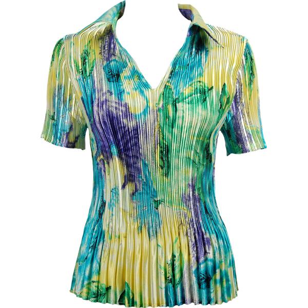 Wholesale 1554 - Satin Mini Pleat 3/4 Sleeve Dresses Blue-Purple-Yellow Watercolors
 - One Size Fits Most