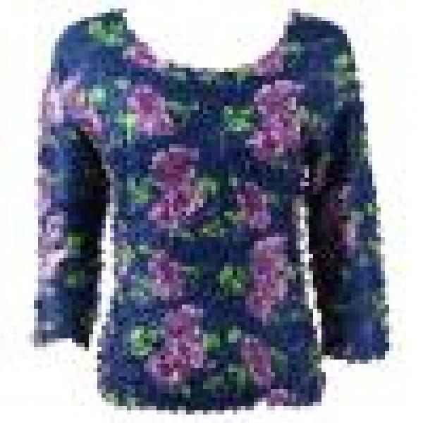 Wholesale 1155 - Petal Shirts - Three Quarter Sleeve Navy with Purple Flowers - Queen Size Fits (XL-2X)