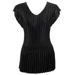 Satin Mini Pleats Cap Sleeve V-Neck - Solid Black