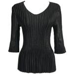 Satin Mini Pleats Three Quarter V-Neck - Solid Black
