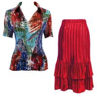 Sets Satin Mini Pleat - Half Sleeve with Collar - Abstract Blue-Red - Red Skirt
