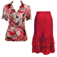 Sets Satin Mini Pleat - Half Sleeve with Collar - Abstract Red-White - Red Skirt