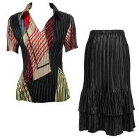 Sets Satin Mini Pleat - Half Sleeve with Collar - Art Deco Olive-Red - Black Skirt