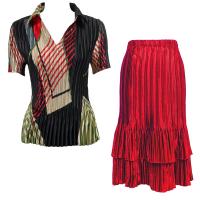 Sets Satin Mini Pleat - Half Sleeve with Collar - Art Deco Olive-Red - Red Skirt