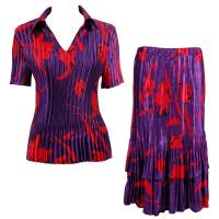 Sets Satin Mini Pleat - Half Sleeve with Collar - Red Tulips on Purple