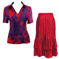 Sets Satin Mini Pleat - Half Sleeve with Collar - Red Tulips on Purple - Red Skirt