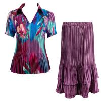 Sets Satin Mini Pleat - Half Sleeve with Collar - Red-Blue Flower - Eggplant Skirt