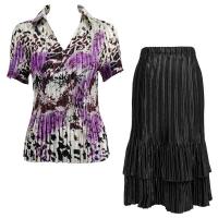 Sets Satin Mini Pleat - Half Sleeve with Collar - Reptile Floral Purple - Black Skirt