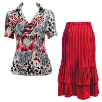 Sets Satin Mini Pleat - Half Sleeve with Collar - Reptile Floral Red - Red Skirt