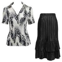 Sets Satin Mini Pleat - Half Sleeve with Collar - White-Black Swirl Dots - Black Skirt