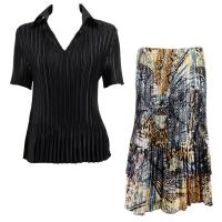 Sets Satin Mini Pleat - Half Sleeve with Collar - Solid Black - Abstract Black-Gold Skirt