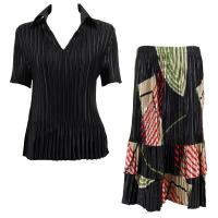 Sets Satin Mini Pleat - Half Sleeve with Collar - Solid Black - Art Deco Olive-Red Skirt