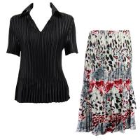 Sets Satin Mini Pleat - Half Sleeve with Collar - Solid Black - Reptile Floral Red Skirt