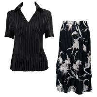 Sets Satin Mini Pleat - Half Sleeve with Collar - Solid Black - White Tulips on Black Skirt