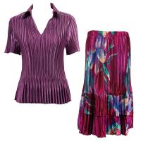 Sets Satin Mini Pleat - Half Sleeve with Collar - Solid Eggplant - Red-Blue Flower Skirt