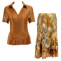 Sets Satin Mini Pleat - Half Sleeve with Collar - Solid Gold - Gold Print Skirt