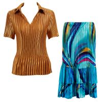 Sets Satin Mini Pleat - Half Sleeve with Collar - Solid Gold - Half Moon Blue-Yellow Skirt