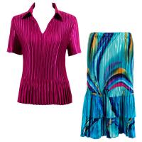 Sets Satin Mini Pleat - Half Sleeve with Collar - Solid Magenta - Half Moon Blue-Yellow Skirt