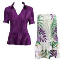 Sets Satin Mini Pleat - Half Sleeve with Collar - Solid Purple - Palm Leaf Green-Purple Skirt