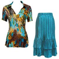 Sets Satin Mini Pleat - Half Sleeve with Collar - Jungle Floral Turquoise - Turquoise Skirt