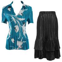 Sets Satin Mini Pleat - Half Sleeve with Collar - White Tulips on Teal - Black Skirt