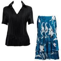 Sets Satin Mini Pleat - Half Sleeve with Collar - Solid Black - White Tulips on Teal Skirt