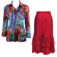 Sets Satin Mini Pleat - Blouse / Skirt - Abstract Blue-Red - Red Skirt