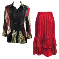 Sets Satin Mini Pleat - Blouse / Skirt - Art Deco Olive-Red - Red Skirt