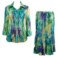 Sets Satin Mini Pleat - Blouse / Skirt - Blue-Purple-Yellow Watercolors