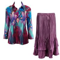 Sets Satin Mini Pleat - Blouse / Skirt - Red-Blue Flower - Eggplant Skirt