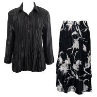 Sets Satin Mini Pleat - Blouse / Skirt - Solid Black - White Tulips on Black Skirt