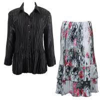 Sets Satin Mini Pleat - Blouse / Skirt - Solid Black - White-Black-Pink Floral Skirt