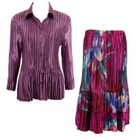 Sets Satin Mini Pleat - Blouse / Skirt - Solid Eggplant - Red-Blue Flower Skirt