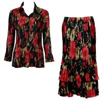 Sets Satin Mini Pleat - Blouse / Skirt - Coral Blossoms on Black