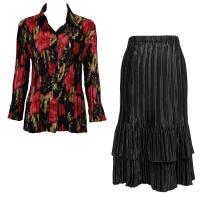 Sets Satin Mini Pleat - Blouse / Skirt - Coral Blossoms on Black - Black Skirt