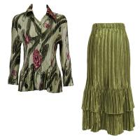 Sets Satin Mini Pleat - Blouse / Skirt - Multi Green Floral - Olive Skirt