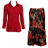 Sets Satin Mini Pleat - Blouse / Skirt - Solid Dark Red - Coral Blossoms on Black Skirt