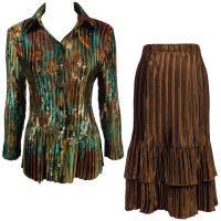Sets Satin Mini Pleat - Blouse / Skirt - Jungle Floral Turquoise - Brown Skirt