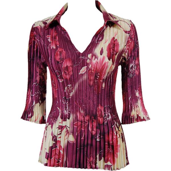 Wholesale 745 - Skirts - Satin Mini Pleat Tiered Rose Floral - Berry Satin Mini Pleats - Three Quarter Sleeve w/ Collar - One Size Fits Most
